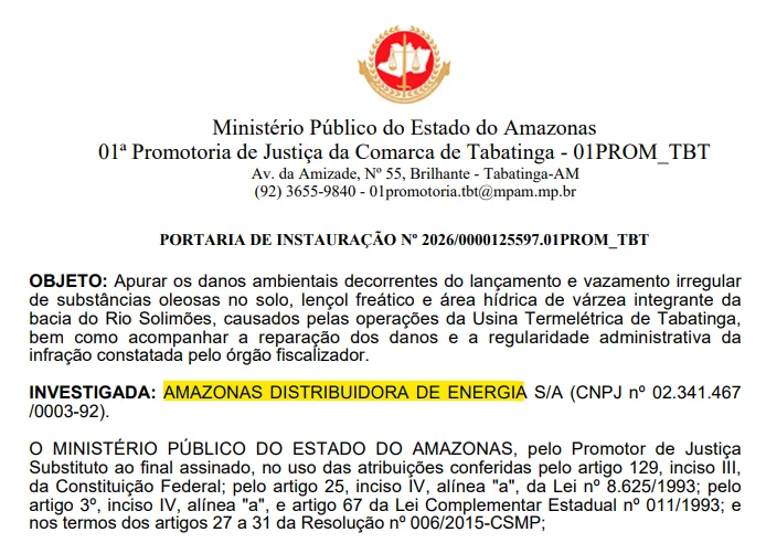 Âmbar Energia será investigada pelo MP-AM por vazamento de óleo em Tabatinga — imagem 2